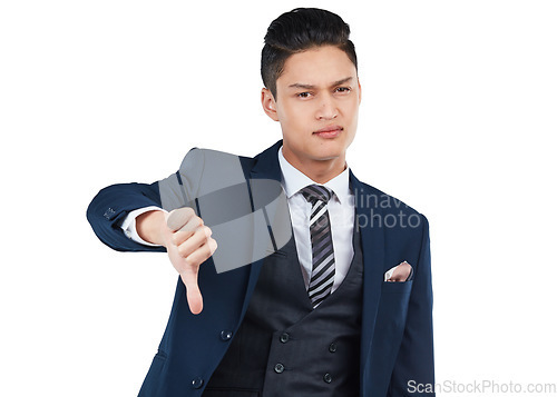 Image of Portrait, thumbs down and mockup with a business asian man isolated in studio on a white background for negative feedback. Hand, review and mock up with a male employee showing a sign of rejection