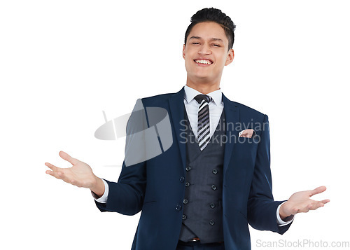 Image of Portrait, shrug and mockup with a business asian man in studio isolated on a white background to answer a question. Gesture, carefree and mock up with a male employee shrugging on blank space