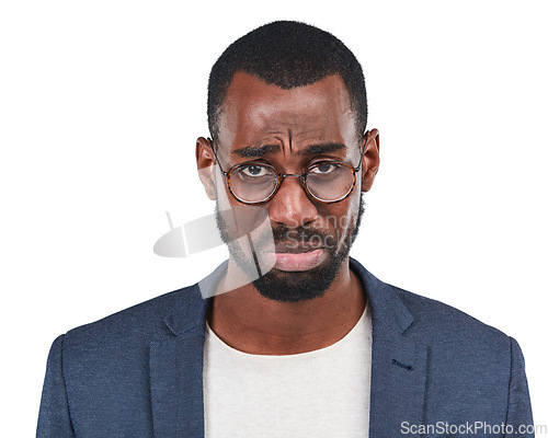 Image of Sad, business man and black worker portrait of depressed face with sadness from work. White background, isolated and professional model person disappointed of corporate job fail or mistake in studio