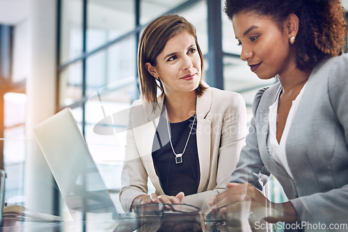 Image of Serious, data analysis or business women with laptop for business meeting, invest strategy or planning company finance. Collaboration, thinking or teamwork on tax data analysis or financial network
