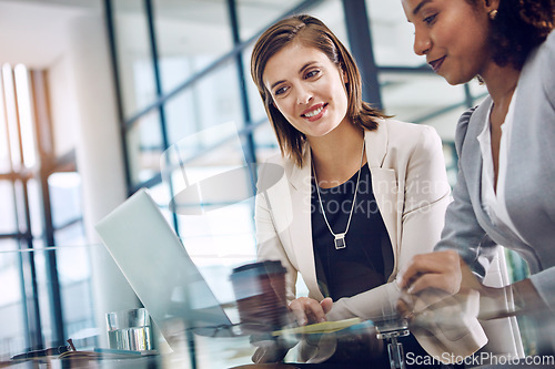 Image of Happy, data analysis or business women with laptop for business meeting, invest strategy or planning company finance. Collaboration, thinking or teamwork on tax data analysis or financial network