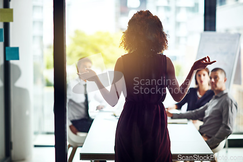 Image of Presentation, leadership or business people in marketing business meeting, advertising or planning company schedule. Collaboration, back view or teamwork on data analysis, communication or networking