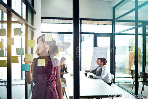 Image of Thinking, strategy or black woman with smile on business schedule planning, creative idea or marketing review success. Corporate, glass post it or manager for data analysis or analytics