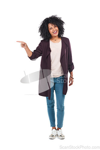 Image of Black woman, happy portrait and pointing at mockup space for sale, discount and promotion. Full body of female with hand for advertising product placement isolated on white background with copyspace