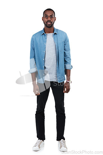 Image of Portrait, fashion and mockup with a model black man in studio isolated on a white background for clothes branding. Style, casual and product placement with a handsome young male posing on blank space