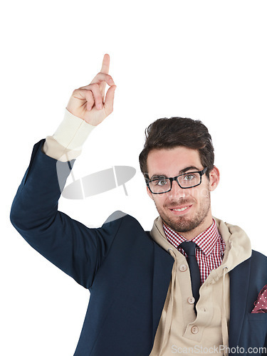 Image of Question, hand up and portrait of a man isolated with white background and up gesture. Glasses, nerd and person with geek fashion style and mockup space pointing hands in air with a smile alone