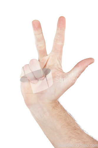 Image of Man, hand or finger counting on isolated white background in mathematic solution, problem solving or sum addition. Zoom, model or person and hand gesture in countdown, timer or emoji on studio mockup