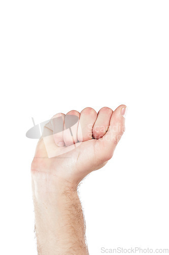 Image of Sign language, fist and hand of a person for communication isolated on a white background in a studio. Zoom, countdown and fingers of a person to show numbers with a hand gesture on a backdrop