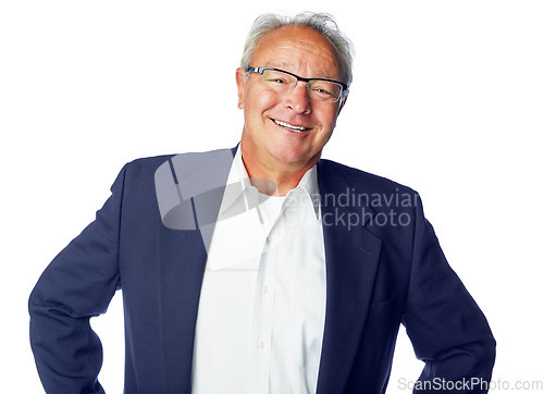 Image of Happy, senior and portrait of businessman in studio with smile for optimistic career mindset of people. Mature corporate person smiling with confidence and happiness on isolated white background.