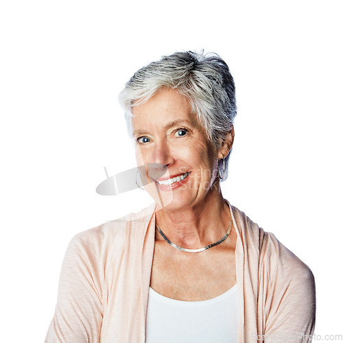 Image of Natural, senior and portrait of woman in studio with cheerful, optimistic and joyful smile of people. Wellness, happiness and mature retirement person with skincare on isolated white background.