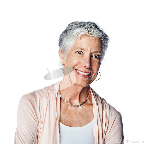 Image of Happy, elderly and portrait of woman in studio with cheerful, optimistic and joyful smile of people. Wellness, happiness and senior retirement person with skincare on isolated white background.