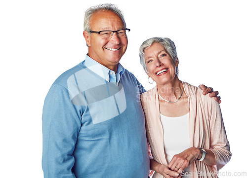 Image of Senior couple, hug and retirement portrait in studio with happiness, love and support in happy marriage. A old man and woman together for commitment, care and trust isolated on a white background