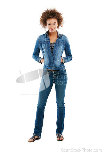 Image of Studio, fashion and portrait of black woman in denim standing isolated on white background mockup. Makeup, aesthetics and cool young female model from Brazil with designer, stylish and trendy jeans.