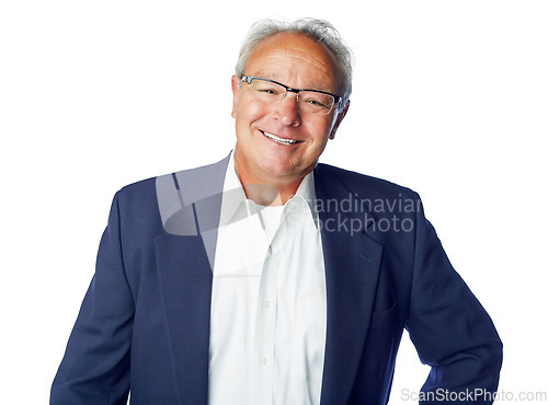 Image of Senior, smile and portrait of a man in retirement feeling happy about work lifestyle. White background, studio and isolated elderly male employee retired and smiling with glasses and happiness