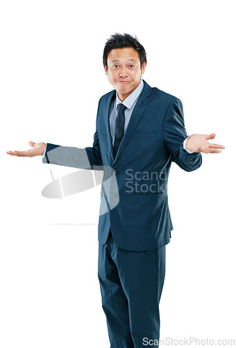 Image of Businessman from Japan, confused and hands out isolated with questions and asking on white background. Confusion, doubt and person with suit, problem and frustrated hand gesture in studio portrait.