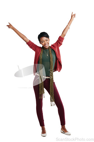 Image of Black woman, smile in portrait with hands in air for celebration, winner and success isolated on white background. Happy woman, freedom and motivation with achievement, bonus or win with happiness