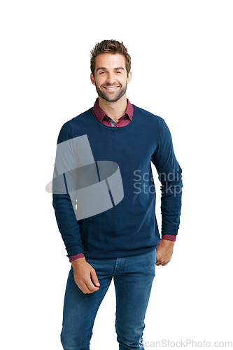 Image of Portrait, fashion and mockup with a man model in studio isolated on a white background for a logo or branding. Style, casual and mock up with a handsome young male posing on bank space for a brand