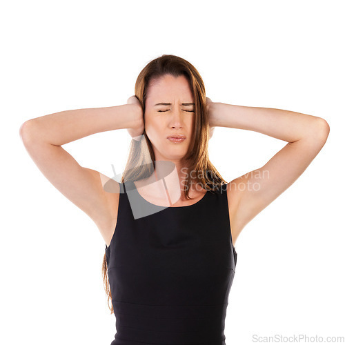 Image of Woman, covering ears and isolated on a white background standing alone for noise, loud or anxiety. Disturbed female, person or lady with hands on ear and closed eyes to block noisy sounds
