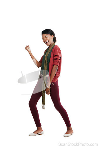 Image of Success, black woman and celebration for achievement, happiness and girl isolated on white studio background. African American female, lay and movement for motivation, winner and victory on backdrop