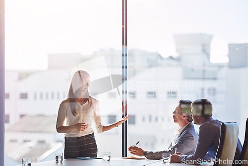 Image of Leadership, meeting and manager woman in seminar discussion of gender equality, inclusion and empowerment, Corporate boardroom and professional hr person, people or employees with executive speaking