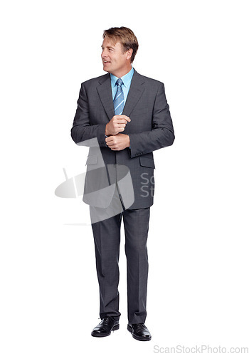 Image of Professional, business man and corporate suit of a financial consultant with white background. Studio, isolated and finance worker model ready for executive company working feeling proud and happy