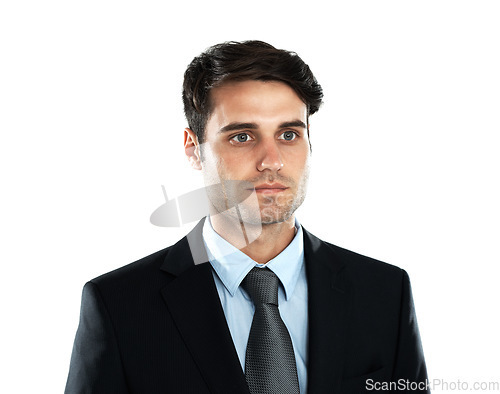 Image of Face, vision and mockup with a business man in studio isolated on a white background for future growth. Mission, mindset and focus with a male employee looking serious while posing on blank space
