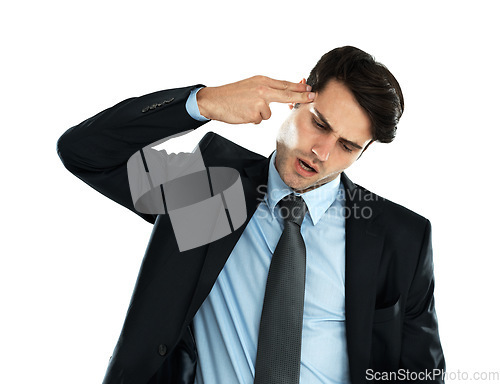 Image of Business, man and gun gesture for depression, financial crisis and employee isolated on white studio background. Young person, male entrepreneur and leader shooting head, frustrated and mental health