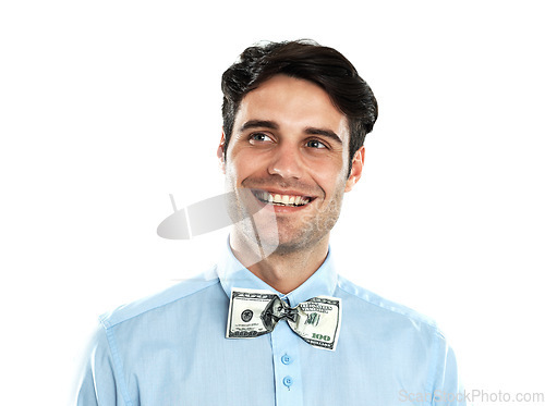 Image of Portrait, business and man with dollar bow tie, cash and finance for accountant and economy. Money, male person and investor with accounting, financial and trader isolated on white studio background