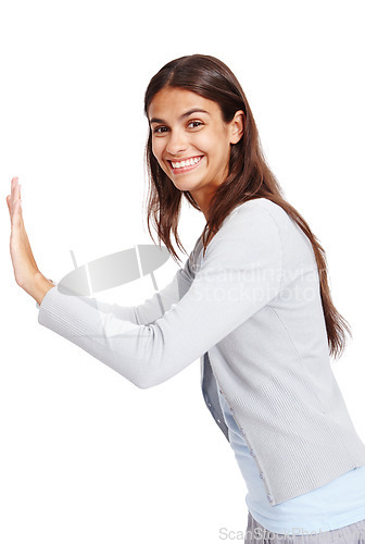 Image of Happy, beautiful and portrait of a woman pushing the frame isolated on white background in studio. Attractive, smile and young Brazilian girl with hands for stop while smiling on a studio background