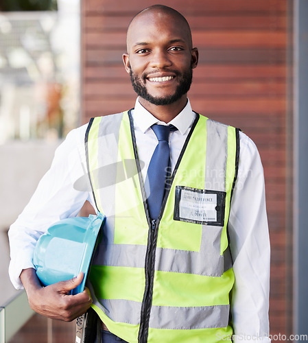 Image of Face portrait, black man and construction architect with all access pass for summit conference. Engineer, architecture and happy male contractor, worker or employee holding safety helmet at workshop