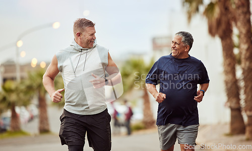 Image of Running, men and fitness teamwork in city street, healthy lifestyle or outdoor wellness. Happy senior male friends, urban neighborhood exercise and training for energy, power or body workout together