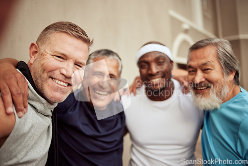 Image of Senior men, fitness and smile portrait outdoor together for exercise motivation, retirement health support and diversity on training workout. Elderly athletes, happiness and sports friends wellness