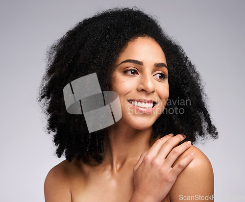Image of Beauty, hair and happy black woman with afro hair care, clean shampoo routine and natural facial cosmetics. Wellness, dermatology healthcare and aesthetic model face with makeup, beauty and skincare