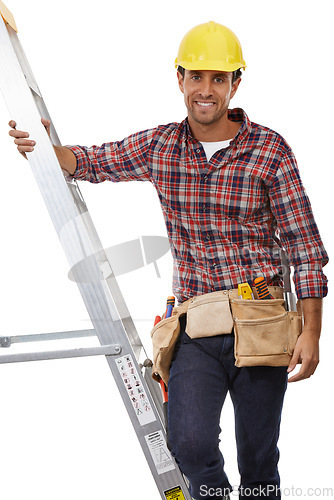 Image of Construction, building and portrait of a handyman on a ladder for home improvement. Service, happy and safety construction worker with a maintenance or repair job on a white background in studio