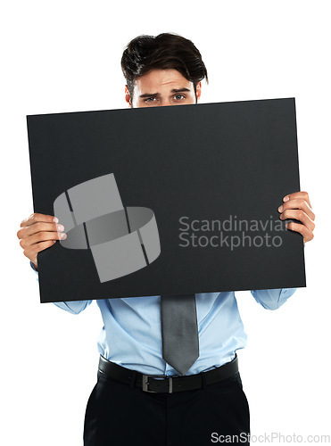Image of Placard mockup, employee portrait and businessman with marketing promo poster, advertising banner or product placement. Mock up billboard sign, hide or studio sales model isolated on white background