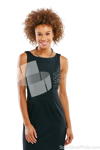 Image of Business woman and corporate fashion portrait with happy smile in elegant and professional style. Happiness, confidence and proud black woman smiling at isolated studio white background.