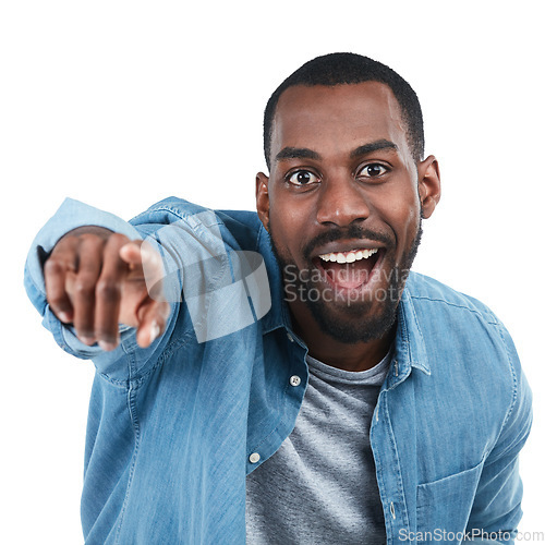 Image of Black man, pointing and studio portrait with smile, excited and motivation by white background. Isolated African model, man and happy with hand sign for direction, vision and future with edgy fashion
