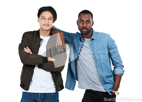 Image of Fashion, men and portrait of friends in a studio with casual, stylish and trendy cool outfits. Interracial, friendship and young male models with style and luxury clothes isolated by white background