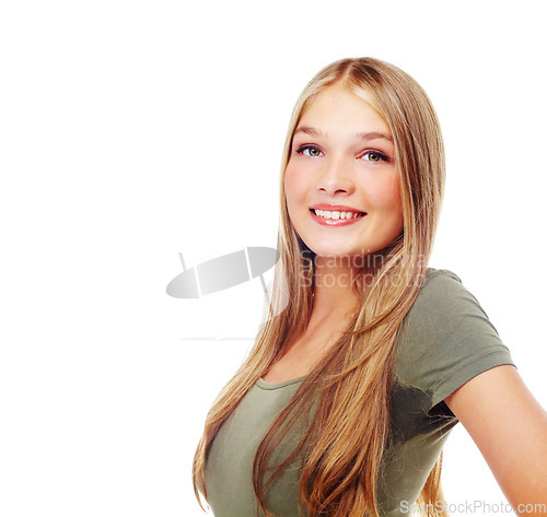 Image of Beauty, young and portrait of a woman student with mockup space and white background. Studio, isolated and smile of a happy person with happiness and smiling with mock up alone proud of youth