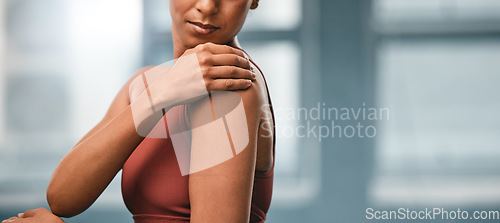 Image of Shoulder, exercise and black woman with pain, injury and workout with sports accident and torn muscle. African American female, lady and athlete with ache, stress and workout mistake and inflammation