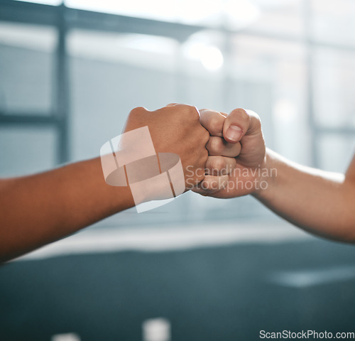 Image of Hands, fist bump and team fitness motivation for collaboration success, greeting or team building in gym. Athlete hand, exercise partnership deal or support agreement for sports wellness lifestyle