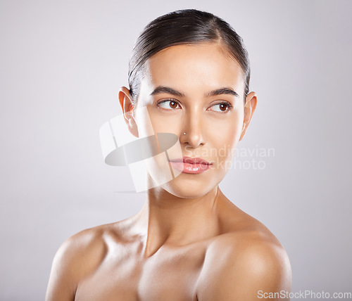 Image of Woman, beauty and skincare of a wellness model for face cleaning and makeup product. Isolated, white background and young person with skin glow from dermatology, spa and facial with studio background