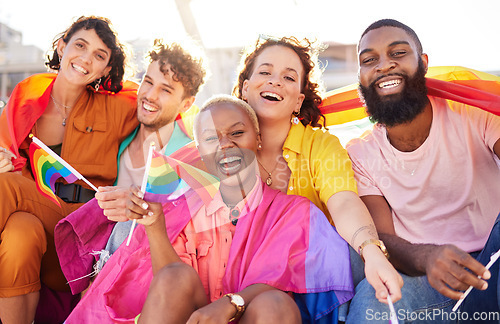 Image of Portrait, diversity and rainbow flag for lgbtq community, freedom and smile for parade, support or solidarity. Friends, group or young people with non-binary, gay and lesbian with happiness and queer