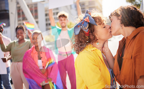 Image of Love, kiss and couple of friends in city with rainbow flag for support, queer celebration and relationship. Diversity, lgbtq community and group of people enjoy freedom, happiness and pride identity