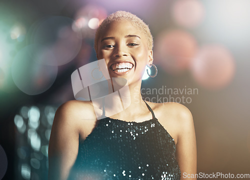 Image of Portrait, happy woman and face with glitter and disco, party girl in night club with happiness and bokeh overlay. Celebration with dancing, smile and clubbing aesthetic with freedom, energy and fun