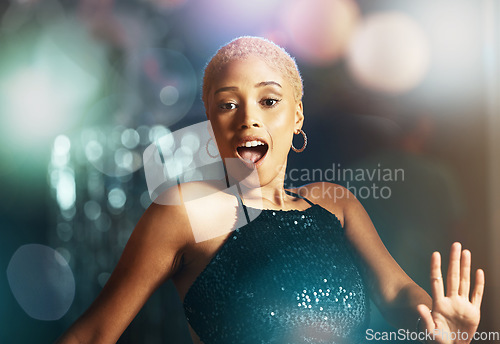 Image of Black woman, disco dancing and party portrait with happy, excited and glitter aesthetic with light. New year celebration, night club and gen z girl with social dance, happiness and smile for freedom