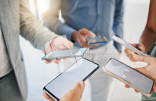 Image of Mockup, business and closeup of smartphone, group and social media for texting. Screens and people with cellphones, typing and search internet with communication, online chatting or connection