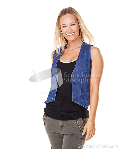 Image of Fashion, happy and portrait of a woman in a studio with a positive mindset, smile and joy. Happiness, beauty and female model from Australia with a casual outfit by white background with mockup space