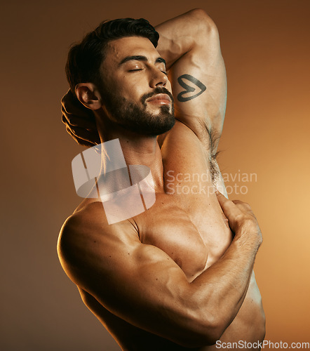 Image of Beauty, body fitness and man in studio isolated on a brown background. Eyes closed, exercise and topless male model or bodybuilder with muscles feeling satisfied after training for health or wellness