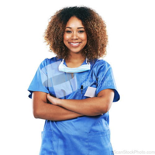 Image of Portrait, black woman and nurse with arms crossed in studio isolated on white background. Face, healthcare or confident, proud and happy female medical physician from Nigeria ready for wellness goals